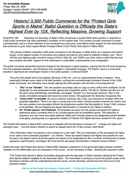 Protect Girls Sports Group Says 3,300 Public Comments Led to Revised Ballot Question
