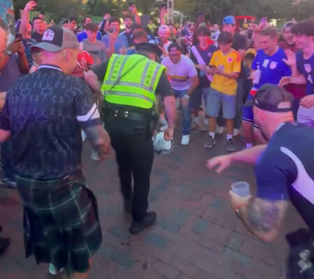 Kilted Scottish Soccer Fans Go Wild In Boston After Historic World Cup Victory, Beantown Cop Becomes Hit Of The Party
