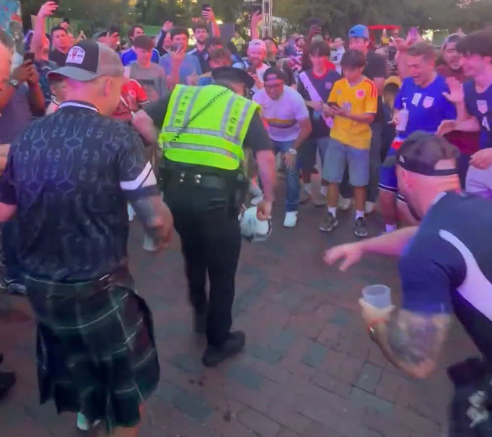 Kilted Scottish Soccer Fans Go Wild In Boston After Historic World Cup Victory, Beantown Cop Becomes Hit Of The Party