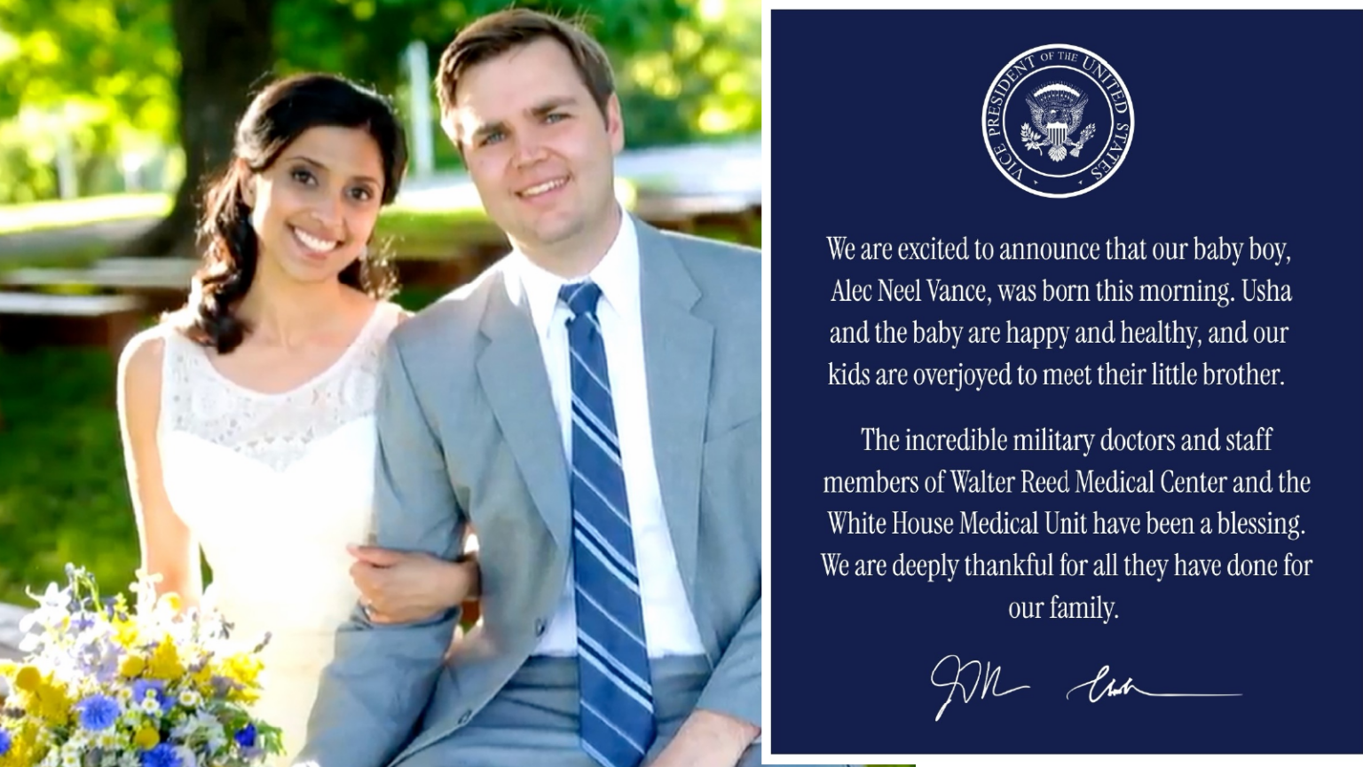 Vice President JD Vance and Second Lady Usha Vance Welcome Fourth Child