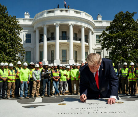 Trump Shows Off New Granite White House Helipad, Signs Presidential Seal Before Installation